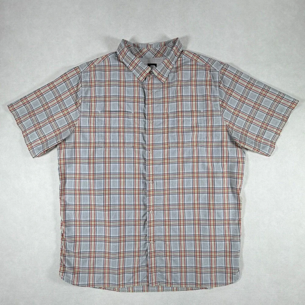 The North Face Mens XXL Short Sleeve Plaid Button Down Hiking Shirt Gray Orange